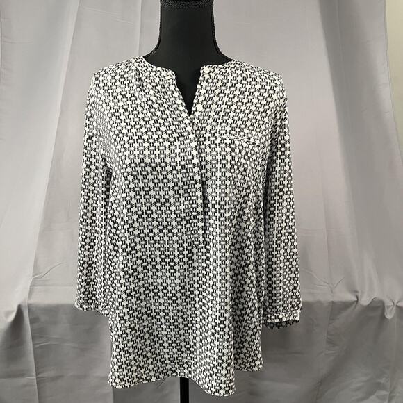NYDJ Shirt Womens Large Black White Geometric Print Blouse 3/4 Sleeve Top Modern - Picture 1 of 11